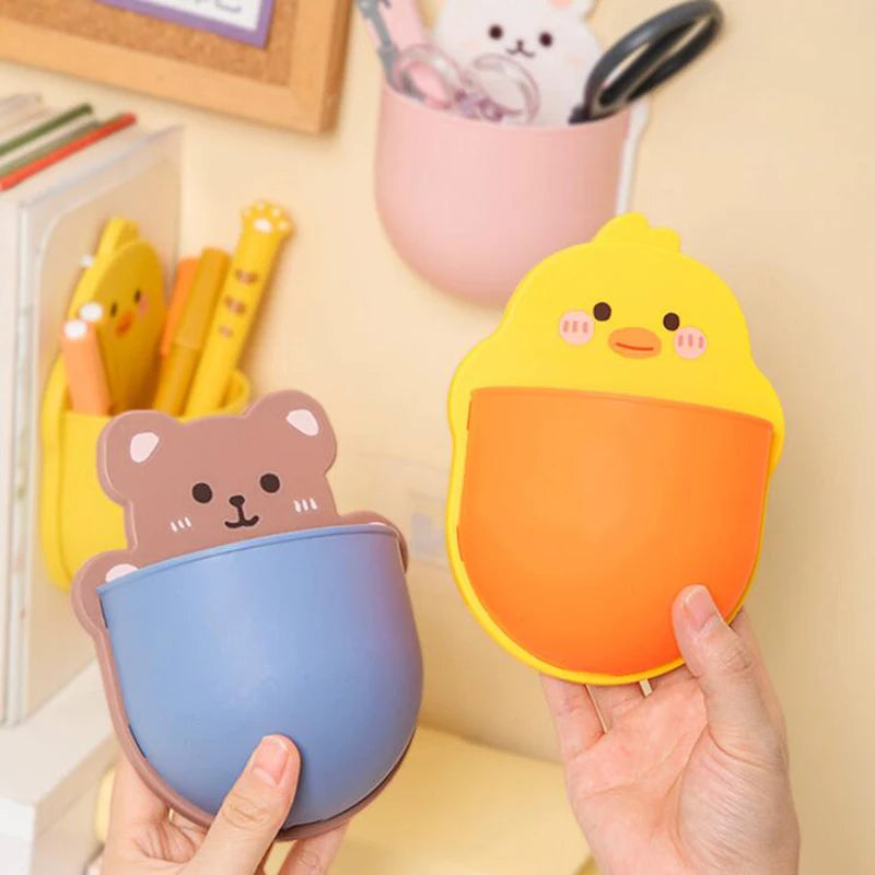 Kawaii Cartoon Bear Bunny Pen Holder Cute Storage Rack Self Adhesive Cosmetics Brushes Holder Korean Stationery Desk Organizer