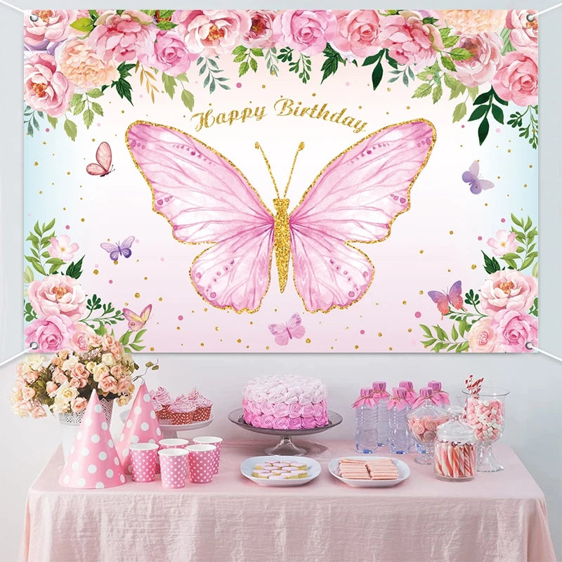 Pink Butterfly Birthday Party Backdrops Wedding Decorations Photo Booth Background Baby Shower Girl Hanging Flag Backdrop Props