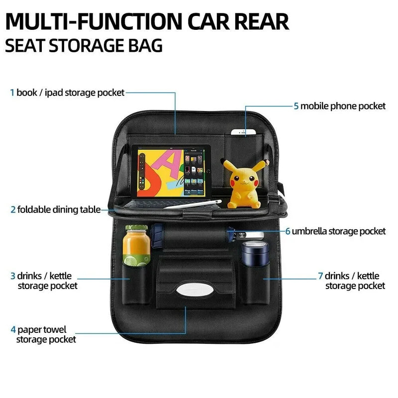 Car seat backrest organizer PU leather storage bag with foldable tray tablet computer bracket tissue box seat accessories