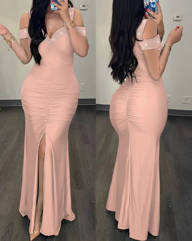 Woman Sexy High Waist Evening Dresses Fashion Women's Clothes Rhinestone Cold Shoulder Slit Ruched Elegant Party Dress for Women