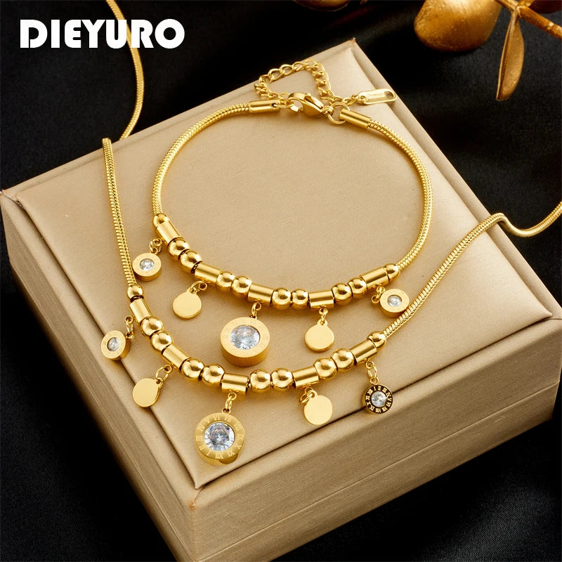 DIEYURO 316L Stainless Steel Roman Numerals White Zircon Charm Necklace Bracelets For Women New Trend Non-fading Jewelry Set