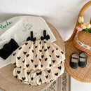 Summer 2PCS Heart Print Cotton Baby Girls Suits Sleeveless Bow Double Layer Apricot Strap Top Toddler Shorts Set, Versatile