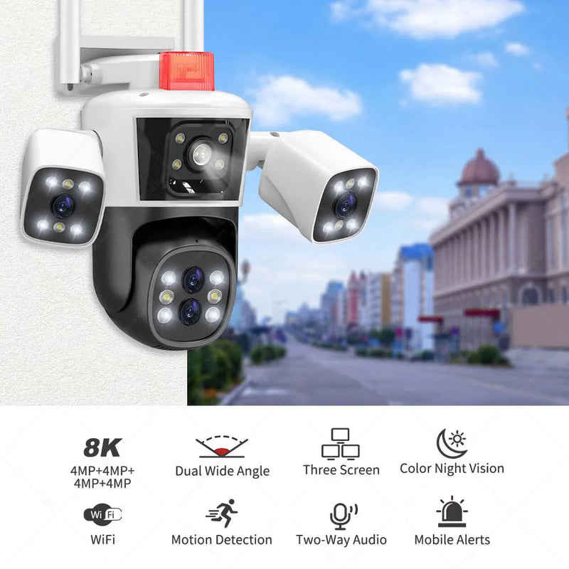 8K 16MP WiFi Camera 10X Zoom Four Lens Outdoor Security Protection PTZ IP Camera Auto Tracking CCTV Surveillance Cam Waterproof