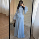 Fashion Flare Sleeve Ruff Long Dress Women Solid O-neck High Waist Slim Pleated Maxi Dresses 2025 Lady Summer Chic Party Robes