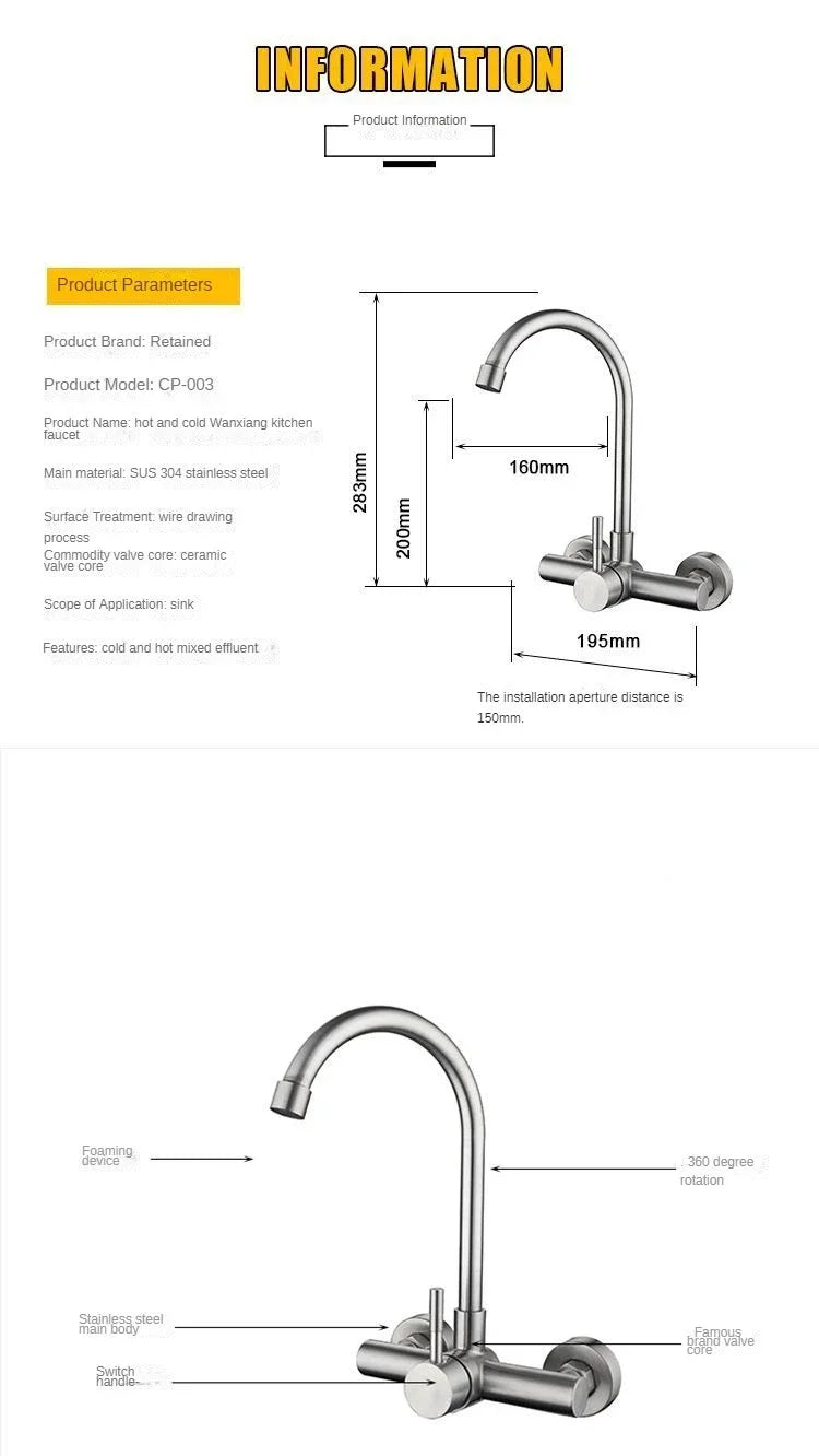 Kitchen Faucet Sprayer Stainless Steel Double Hole Wall Mount Cold and Hot Faucet Balcony Rotating Torneiras De Cozinha Batidora