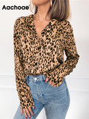 Aachoae Women Blouses Autumn Leopard Blouse Long Sleeve Turn Down Collar Lady Office Shirt Loose Tops Blusas Chemisier