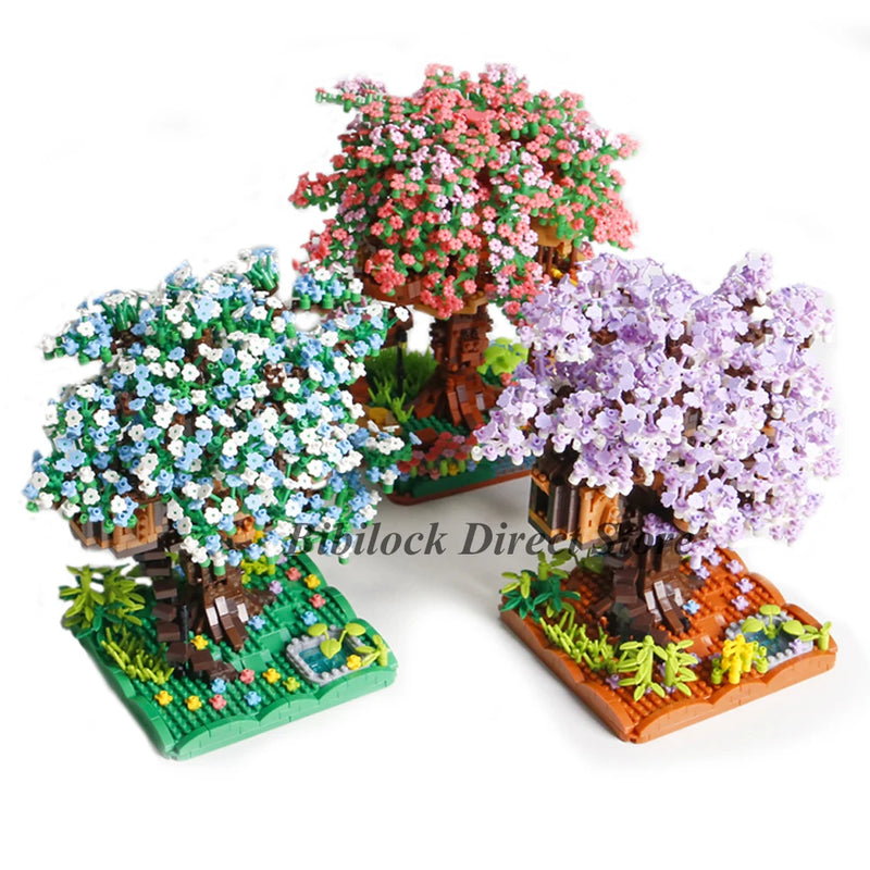 2008PCS Difficult Pink Green Purple Sakura House Tree Building Blocks Bonsai Assemble Diamond Bricks Toys Gift For Friend