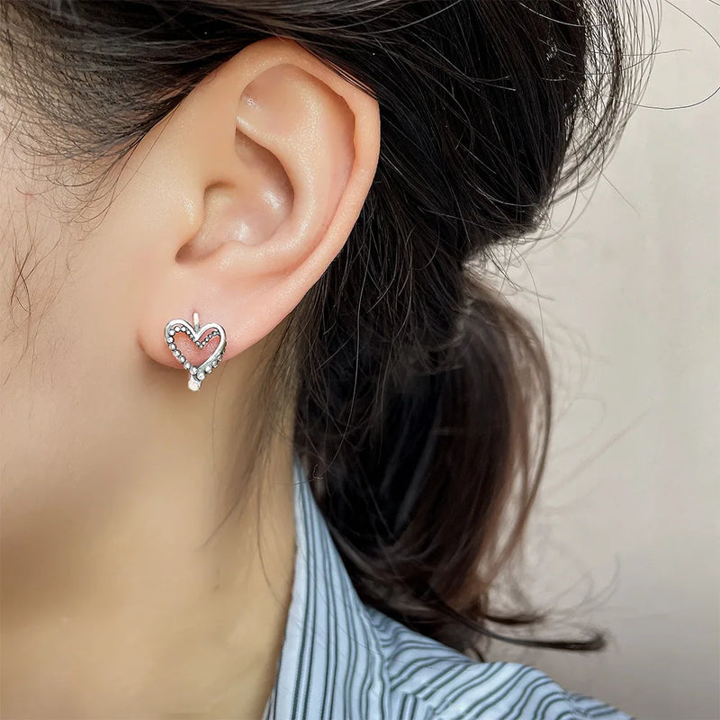 CIAXY Silver Color Hollow Heart-shaped Earrings for Women Asymmetric Double Love Small Ear Buckle Thai Silver Retro Jewelry