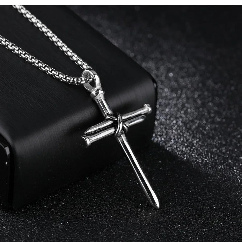 Mens Jewellery Black Stainless Steel Necklace Men Nail Cross Pendant-Chain Necklace Christian Church Baptism Gift for Men Women