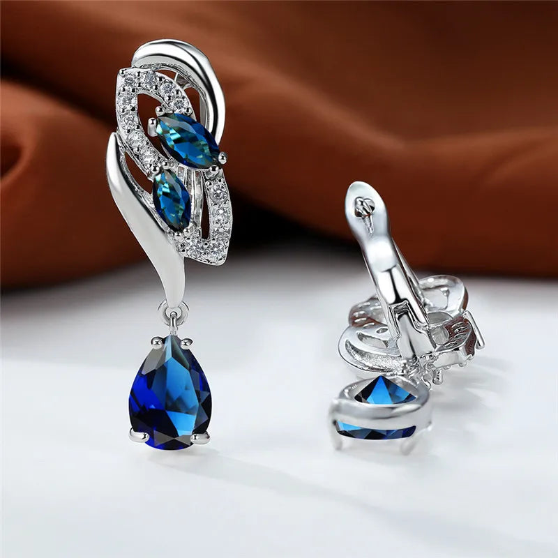 Luxury Female Blue Rainbow Stone Earring Silver Color Clip Earrings For Women Charm Crystal Zircon Wedding Jewelry