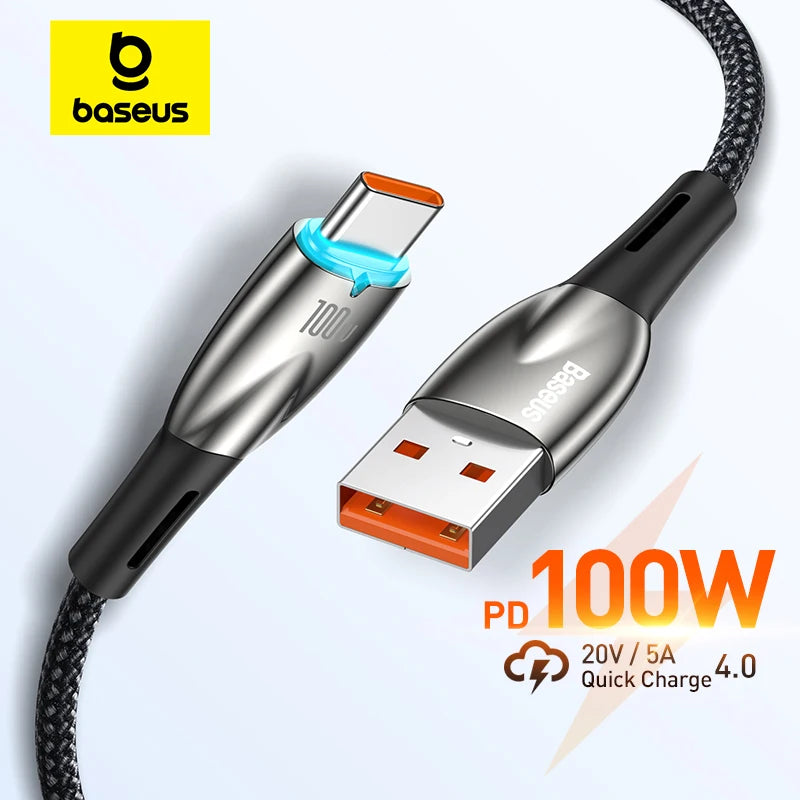 Baseus USB C Cable Smart Led Indicator 100W Fast Charging Data Cable Usb To Type-C 6A Mobile Phone Cord For Xiaomi Huawei Laptop