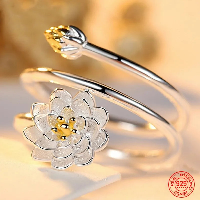 925 Sterling Silver Charm Lotus Ring For Women Fashion Open Adjustable Finger Rings Jewelry Gift