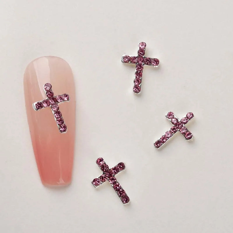 10Pcs/lot 3D Cross Alloy Nail Art Charms Silver/Black/Pink Rhinestone Christmas Halloween Diamond Jewelry Retro Punk Nail Parts