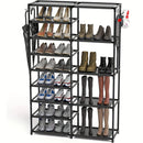 9-Tier Tall Shoe Rack, Large Capacity Organizer with Hooks, Vertical Free-Standing Heavy Duty Rack, Holds 24-35 Pairs, Black