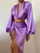 Kesiachiccly Satin Two Piece Set Women Crop top Autumn Long Sleeve Crop Top High Split Long Skirts 2 Piece Set Beach Clothes