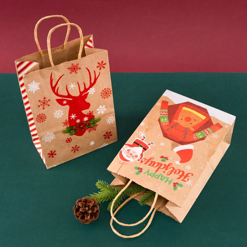 StoBag 5pcs Merry Christmas Kraft Paper Gift Bags Packaging Handmade Candy Biscuit Chocolate  New Year Kids Party Favors Suppli