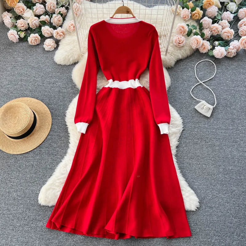 Women Long Knit Red Sweater Dress Autumn Winter Knitted Pleated Dress Thick Christmas Pullover Party Dresses Vestidos