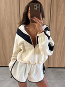 The Axis Set | Contrast-Panel Cropped Jacket and Wide-Leg Trouser Suit