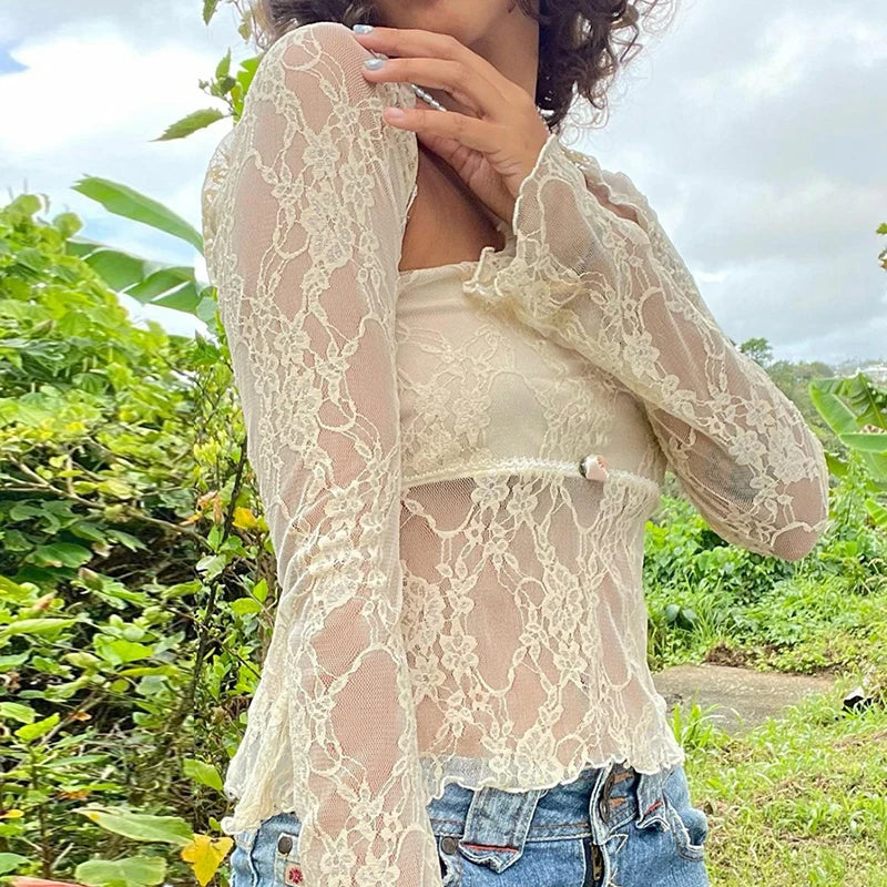 Gaono Floral Lace Mesh Sheer 2 Piece Set Long Sleeve Shrug T-shirt Strapless Tube Top Fairy Coquette Y2K Vintage Crop Tops Women