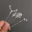 4 cocktail picks, stainless steel polished metal creative salad fruit picks, snow Geometric Skull Christmas kitchen tools