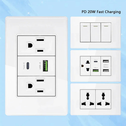 Amerikanische USB Smart Typ-C 20W Schnelllade-Wandsteckdose, elektrische Lichtschalterplatte für Zuhause, mexikanisch-thailändische Doppel-USB-Steckdose