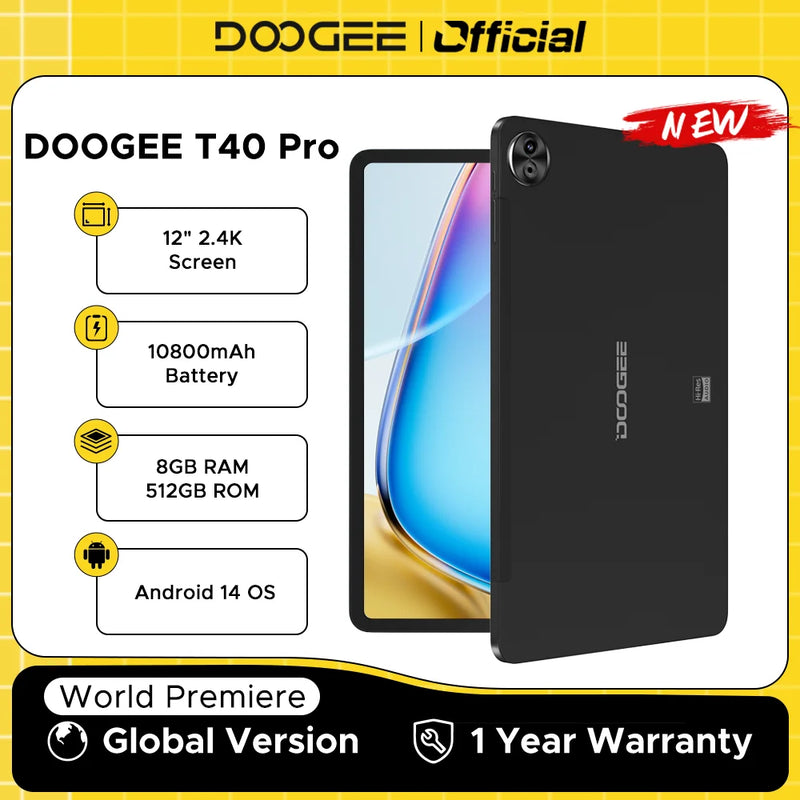 World Premiere DOOGEE T40 Pro Tablet 12" IPS 2.4K 20GB(8+12) 512GB Android 14 Helio G99 6nm 10800mAh 18W Charge 7.6mm ultra-thin