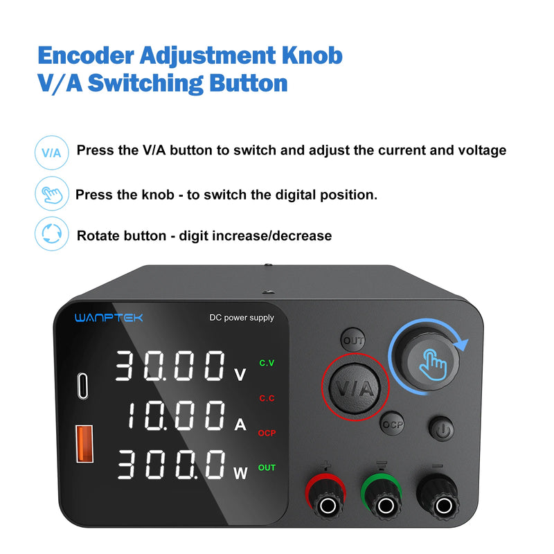 Wanptek Laboratory DC Power Supply Adjustable 30V 10A 60V 5A Regulated Lab 120V 3A Bench Power Supply