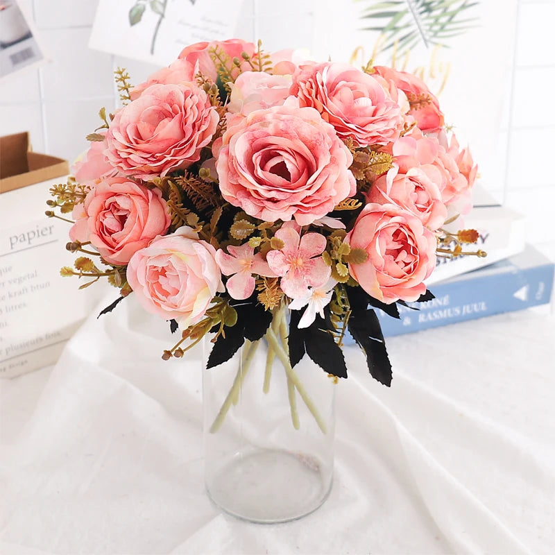 Retro Artificial Rose Flowers For Vase Gift Christmas Wedding Home Room Decoration Outdoor Peony Party Fake Plants Bride Bouquet