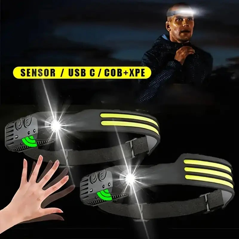 LED Headlamp USB Rechargeable Sensor COB Head Torch Lantern Camping Flashlight Built-in Battery 5 Modes Running Fishing LED Lamp