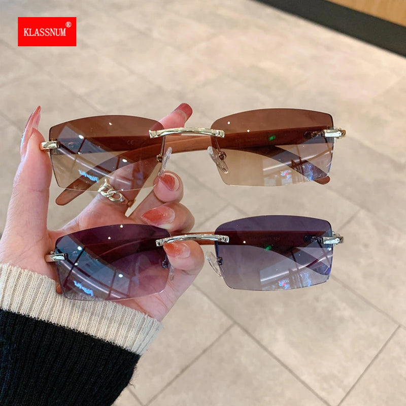 Rectangle Rimless Sunglasses Wooden Frame Eyewear Luxury Brand Design Women Men Small Square Sun Glasses for Male Traveling 2024