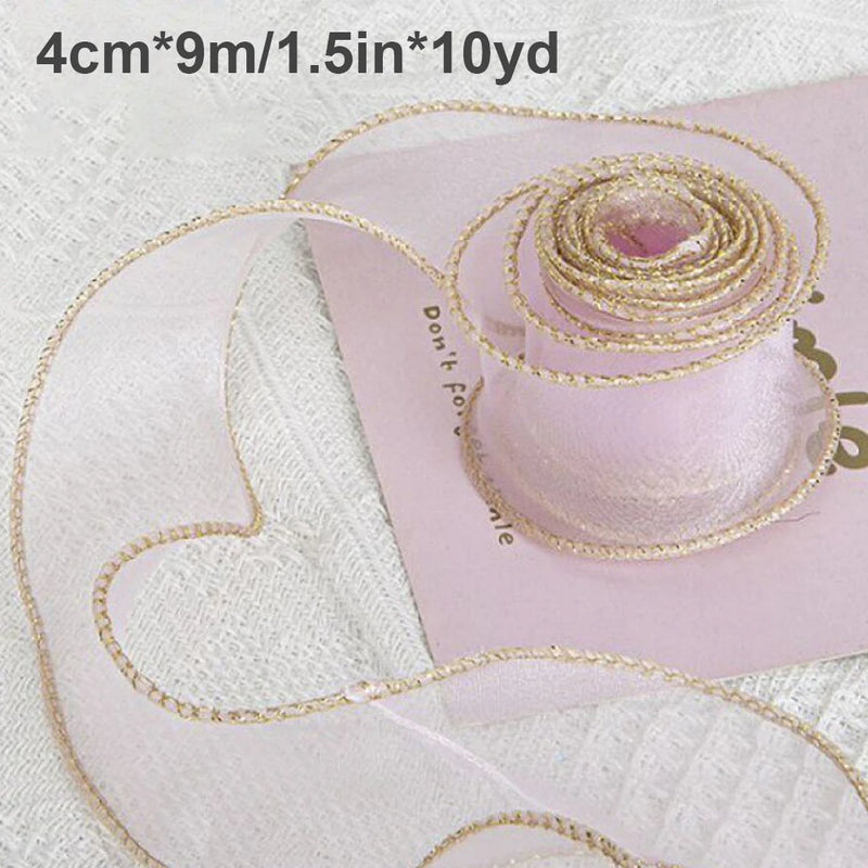 10Yards Sheer Wired Organza Ribbon With Golden Edge Chiffon Ribbon for Wedding Birthday Gift  Bouquet Wrapping DIY Decorations