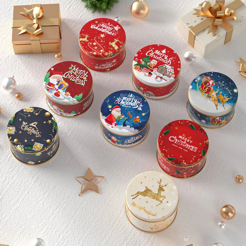 Christmas Round Metal Gift Box Candy Cookie Storage Containers Tinplate Boxes Children Christmas Gift Holiday Party Supplies