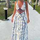 Ellafads Damen Maxikleider Sommer Sexy Vintage Bedruckt V-Ausschnitt Cutout Spaghettiträger Zum Binden Schmal Rückfrei Schnürung Strandpartykleid