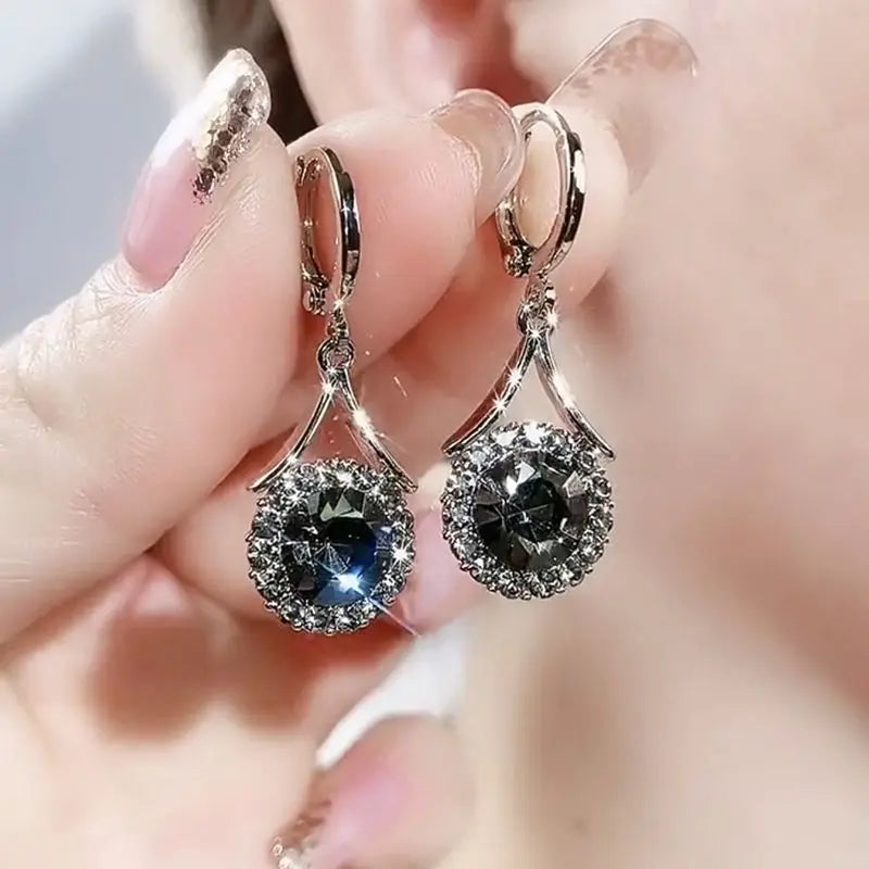 Korean Fashion Grey Round Crystal Zircon Dangle Earrings for Women Elegant Temperament Wedding Party Anniversary Gift Jewelry