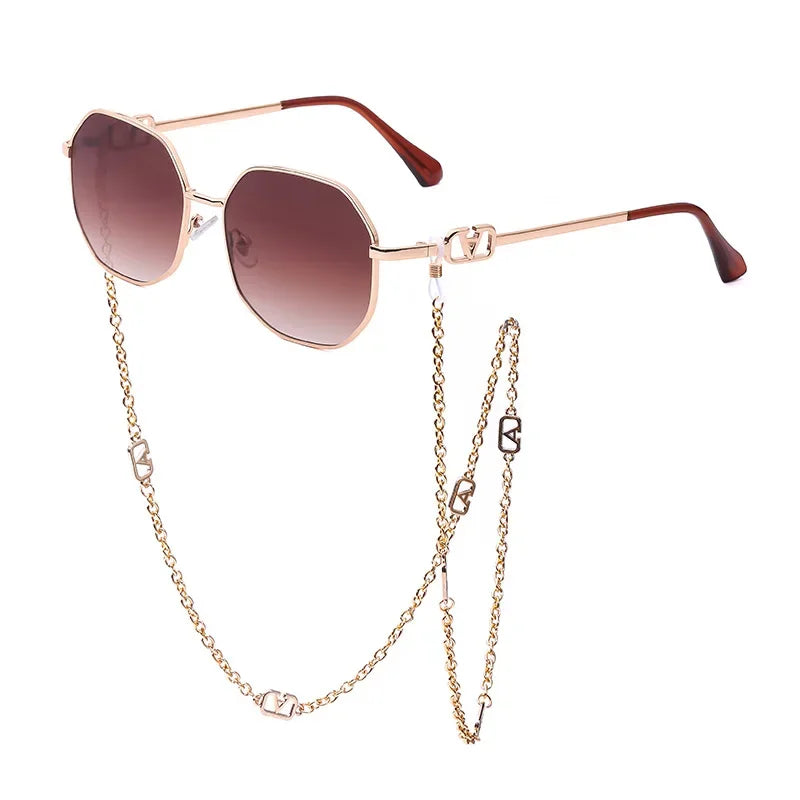 Men Women Punk Sun Glasses Brand Designer Retro Alloy Polygon Sunglasses Women Luxury Shades with A Chain Lanyard Sunglasses