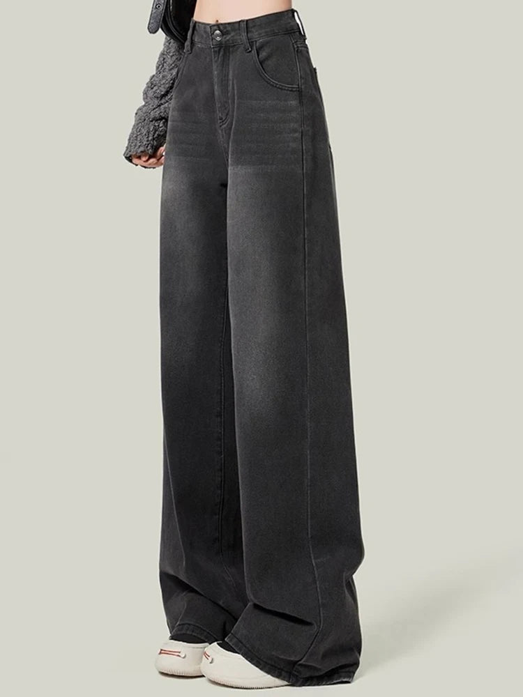2024 Woman Korean High Waist Jeans Lady Slim Fit Loose Denim Wide Leg Pants Girls Black Gray High Street Straight Leg Trousers