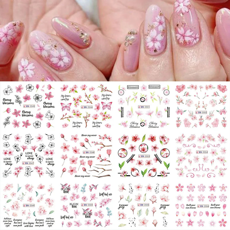 12 Design Sakura Flower Nail Water Stickers Pink Cherry Blossoms Nail Slider Decal Floral Leaves DIY Spring Manicure Decoration