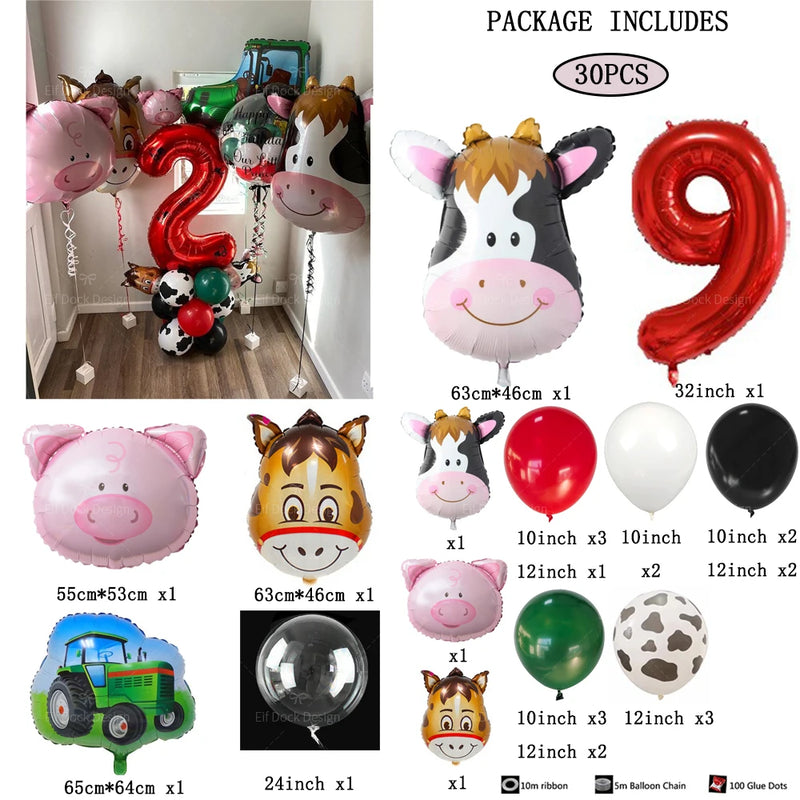 30pcs Farm Theme Green Tractor Cow Pig Inflatable Balloons 32inch Red 1-9 Number Balloon Happy Birthday Party Decor Baby Shower