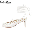 The Sorbonne | White Closed-Toe Kitten Heel Mule with Lace-Up Detail