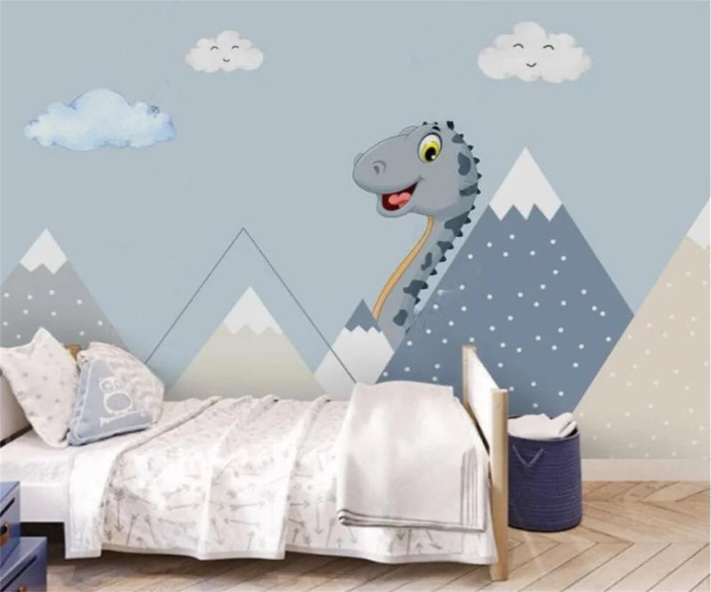 papel de parede Nordic hand-painted dinosaur Geometric mountain range children's room girls' bedroom cartoon mural 3d wallpaper