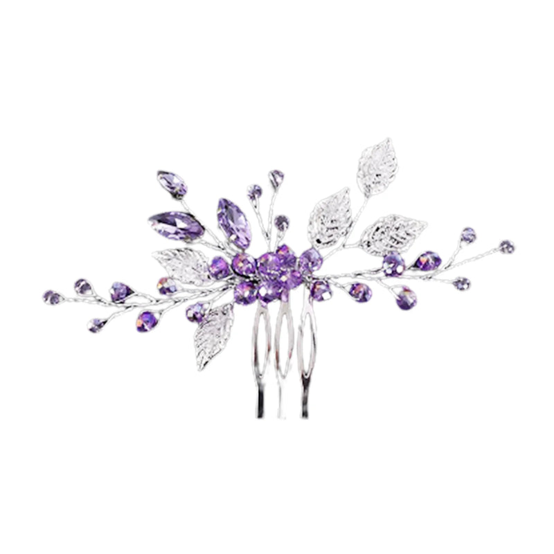 Bride Wedding Hair Combs Purple Crystal Beaded Hairpins Side Clip Silver Color Alloy Leaf Headpiece for Woman Party Hair Jewelry