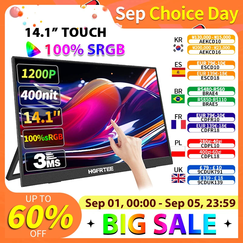 HGFRTEE portable display 14-inch touch screen display 10point touch screen portable screen suitable for laptop PC Mac Xbox PS4/5