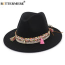 BUTTERMERE Womens Fedora Hat Wool Khaki Jazz Hats Female National Casual Large Brim Vintage Autumn Classic Felt Hat And Cap 2022