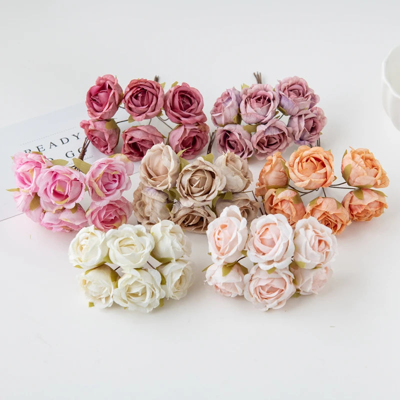 12PC Artificial Flowers Silk Tea Rose Wedding Bouquet Decorative Wreath Christmas Decoration for Home Diy Gifts Box Bride Brooch