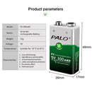PALO 6F22 9V Ni-MH Rechargeable Battery 9 V 300mAh Batteries 9 voltage low self-discharged 9 volt battery with Smart Charger
