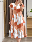 Summer Fashion Printed Dress ZANZEA Women V Neck Short Sleeve Sundress Robe Femme Bohemian Floral Holiday Midi Vestidos Oversize