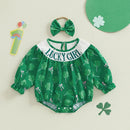 Adorable Infant Easter Bunny Print Ruffle Sleeve Romper with Matching Bow Headband 2 Piece Set for Baby Girls