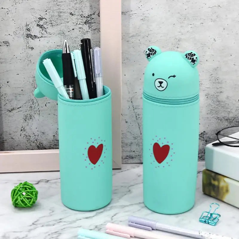 Cute Silicone Pencil Case Portable Cartoon Bear Stationery Storage Bag Pen Holder Container Large Capacity Desk Organizer