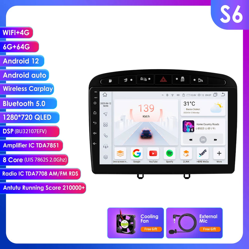 Hizpo 2Din Wirless CarPlay Android Auto Car Radio for 308 308S 408 2012 - 2020 UI7862 Headunit DSP RDS BT 4G GPS Navi 360° CAM
