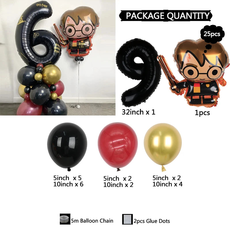 25pcs Harry Potter Theme Balloon Column 32inch Black Number 1-9th Children Birthday Baby Shower Party Decoration Globos Supplies